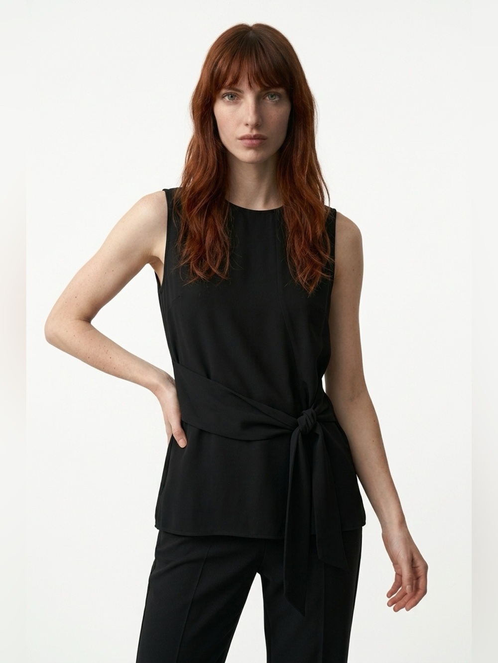 Tristan Black Sleeveless Tie-Waist Top